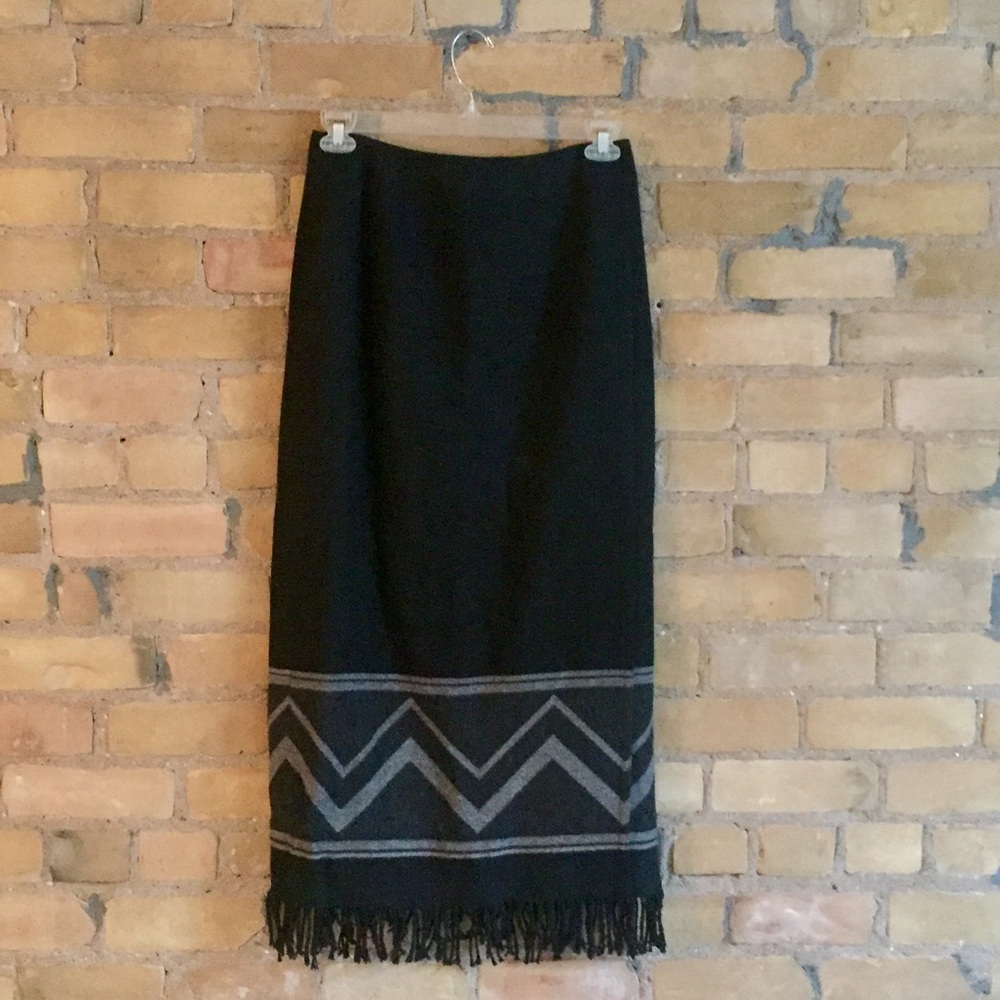 Boho wool skirt with geo print & fringe